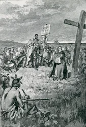 Jacques Cartier (1491-1557) sätter upp ett kors vid Gaspe, illustration från "The French Voyageurs" av Thomas Wentworth Higginson, publicerad i Harper