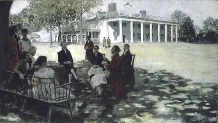 Martha och George Washington underhåller sina vänner på gräsmattan på Mount Vernon, 1898 (olja och grisaille på duk)
