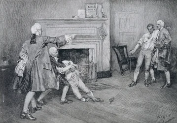 Möte av kapten Tollemache och kapten Pennington på "The City Arms", illustration från "Old New York Taverns" av John Austin Stevens, pub. i Harper