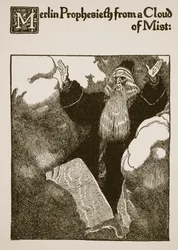 Merlin profeterar från ett moln av dimma, illustration från 