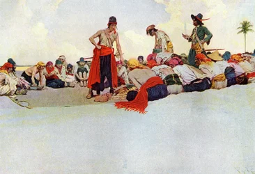 Dela skattmästaren mellan piraterna som återförenades i en cirkel. Illustration från "Book of pirates Buccaneers and Marooners of the Spanish Main" av Howard Pyle (1853-1911), amerikansk illustratör