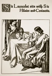 Sir Launcelot sitter med Sir Hilaire och Croisette, illustration från "The Story of the Champions of the Round Table"