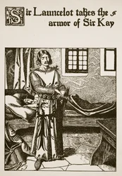 Sir Launcelot tar Sir Kays rustning, illustration från "The Story of the Champions of the Round Table"