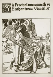 Sir Percival övervinner trollkarlen Vivien, illustration från "The Story of the Champions of the Round Table"