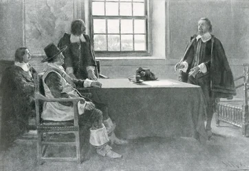 Sir William Berkeley som kapitulerar till kommissionärerna av Commonwealth, illustration från "I Washingtons dag" av Woodrow Wilson, pub. i Harper