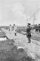 Kapitulationen av Louisbourg, illustration från "kolonier och nation" av Woodrow Wilson, pub. i Harper
