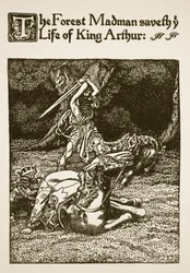 Skogens galning räddade kung Arthurs liv, illustration från "Historien om Sir Launcelot och hans följeslagare