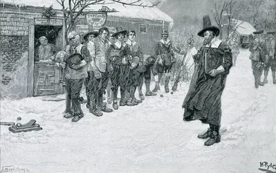 Den puritanska guvernören som avbryter julsporterna, graverad av J. Bernstrom, illustration från "Jul" av George William Curtis, pub. i Harper