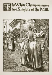 Den vita mästaren möter två riddare vid bruket, illustration från 