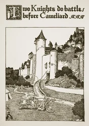 Två riddare slåss före kameljarden, illustration från 