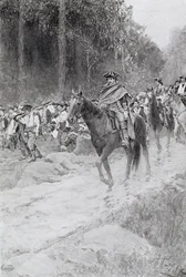 Washingtons reträtt från Great Meadows, illustration från "Colonel Washington" av Woodrow Wilson, publicerad i Harper