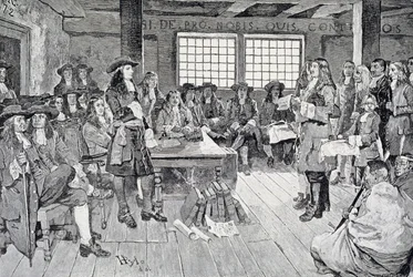 William Penn i konferens med kolonisterna, illustration från puben "The First Visit of William Penn to America". i Harper