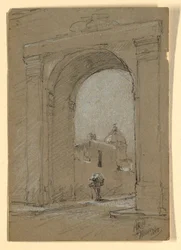 Teckning, En stadsport i Mexiko, 1888
