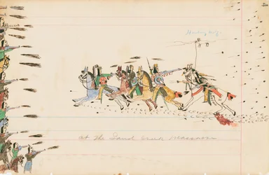 At the Sand Creek Massacre, 1874-75 (penna, bläck och wc på huvudbokpapper)