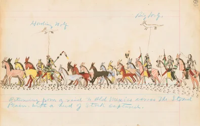 Återvänder från en räd till Gamla Mexiko över Slätten med en flock fångad bestånd, 1874-75 (penna, bläck och wc på reskontrapapper)