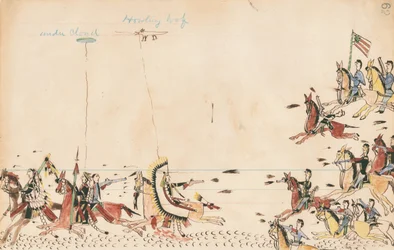 Under Cloud and Howling Wolf slåss med general Sully 1868, 7th Cavy near the Present Camp Supply, 1874-75 (penna, bläck och wc på huvudbokpapper)