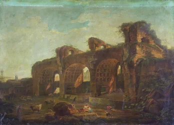 Maxentiusbasilikan i Forum Romanum med bönder och boskap i förgrunden (olja på duk)