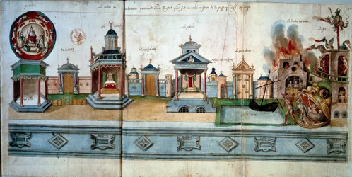 Frontispice som illustrerar Jesu Kristi passion och uppståndelse. Från vänster till höger: Paradiset (med ett tomt rum), Nasaretsporten, templet, Jerusalemporten, palatset (med gåtornas hus), Doreeporten, fädernas limbo och