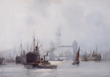 Tower Bridge från Lower Pool, ca 1925 (akvarell på papper)