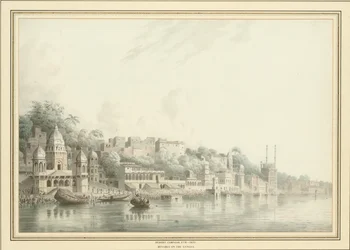 Benares vid floden Ganges (penna, penna och bläck och w/c på papper)