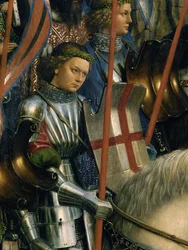 Detalj av St. George, från Kristi riddare, från vänster sida av Gents altartavla