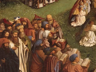 Detalj av tillbedjan av det mystiska lammet, från mittpanelen på Gents altartavla (olja på panel)