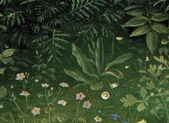 Detalj av tillbedjan av det mystiska lammet, från mittpanelen på Gents altartavla (olja på panel)