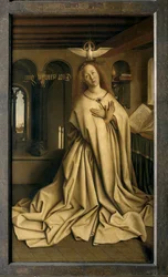 Ängeln Gabriel skickar budskapet till Maria, detalj från Gents altartavla, stängd (olja på panel)