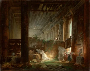 En eremit ber i ruinerna av ett romerskt tempel