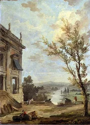 Capriccio italienska landskap med Capitoline Palazzo Nuovo och herrar på en terrass, en flod bortom
