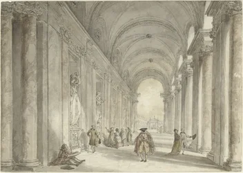Kolonnaden av kasinot i Villa Albani, i Rom Utsikt i pelargången framför kasinot i Villa Albani i Rom