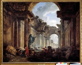 Imaginär vy över Louvrens stora galleri i ruiner, målning av Hubert Robert (1733-1808), sol, 1,14 x 1,46 m