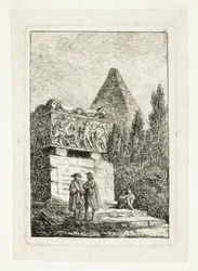 Landskap med pyramid och sarkofag, plansch sex från Les Soirées de Rome