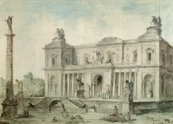 Le Musée des Antiques, ca 1800 (krita, penna och bläck och wc på papper)