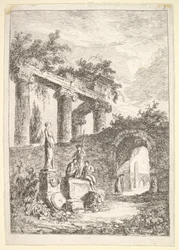 Plåt 3: Statyn före ruinerna: en staty till vänster bredvid tre figurer på en p..., ca. 1763-64.
