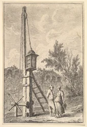 Tavla 9: Remskivan: en man och en kvinna som samtalar till höger, en lykta hängde på en pos..., ca. 1763-64.