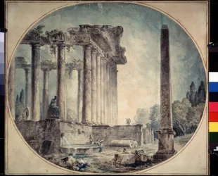 ""Ancient Ruins and Obelisk"" Akvarell av Hubert Robert (1733-1808) 1776 State A. Pushkin Museum of Fine Arts, Moskva, Ryssland