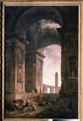 Ruiner med en obelisk. Målning av Hubert Robert (1733-1808), olja på duk