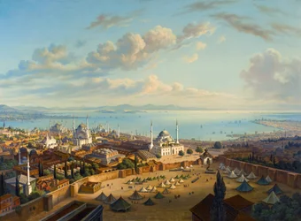 ""Utsikt över Konstantinopel från tornet i Serasker (Bayezid eller Seraskier)"" (Konstantinopel från brandtornet i Beyazit) Målning av Hubert Sattler (1817-1904) Olja på duk, 74x101,5 - Privat samling