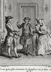 Jag kan inte stå ut med plågorna här längre där jag är, illustration för Eugenie av Beaumarchais, graverad av Louis Joseph Masquelier (1741-1811)