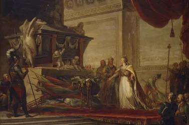 Katarina II lägger ut troféerna från slaget vid Chesma på Peter den stores grav, 1791