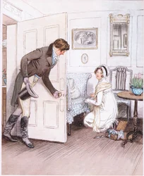 Valentine: "Att se henne på knäna, dekorera de små benen på soffan med krusiduller som om det vore ett barn". (litho)