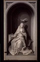 Jungfrun av bebådelsen, från Portinari-triptyken, ca 1479 (olja på panel)