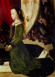 Tryptic of Portinari Detalj som representerar en ung flicka i bön. Målning av Hugo van der Goes (1440-1482). 1475 ca. H/B. 253x304 cm. galleria degli Uffizi (Kontor), Florens.