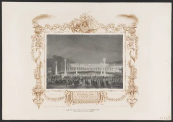 Kvällsfest för studenterna, 1836 Partiet av H.H. Students in the Garden av C. van Leeuwen / Evening of the 14 Juny 1836 (titel på objekt) Plattor för firandet av det andra hundraårsjubileet av Utrechtsche Hogeschool, 1836 (serietitel)
