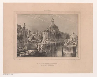 Gezicht op de Stromarkt, het Singel en de Lutherse kerk Den lutherska kyrkan. Utsikt tagen på kanalen (känd som Singel) (titel på objekt) Souvenir of Amsterdam Åtta vyer ritade och litografier från livet av H. van Hove Bz. (serietitel)