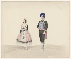 Man och kvinna i tidstypisk dräkt, 1841 Sex akvareller av historiska dräkter för kostymbalen 1841 (serietitel)