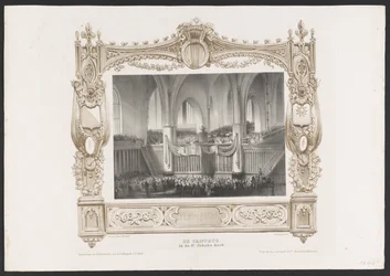 Procession med tryckpress, 1836 Kantaten i St. Jakobs kyrka / 17 juni 1836 (titel på objekt) Plattor för firandet av det andra hundraårsjubileet av Utrechtsche Hogeschool, 1836 (serietitel)