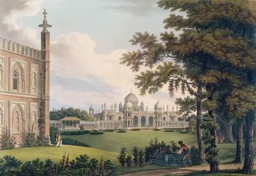 Brighton Pavilion som visar trädgårdar, graverad av Joseph Constantine Stadler