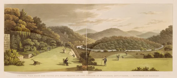 Översiktsvy över syd- och östfasaderna på stugan i Endsleigh, Devon (före), ur Fragments on the Theory and Practice of Landscape Gardening, utgiven 1816
